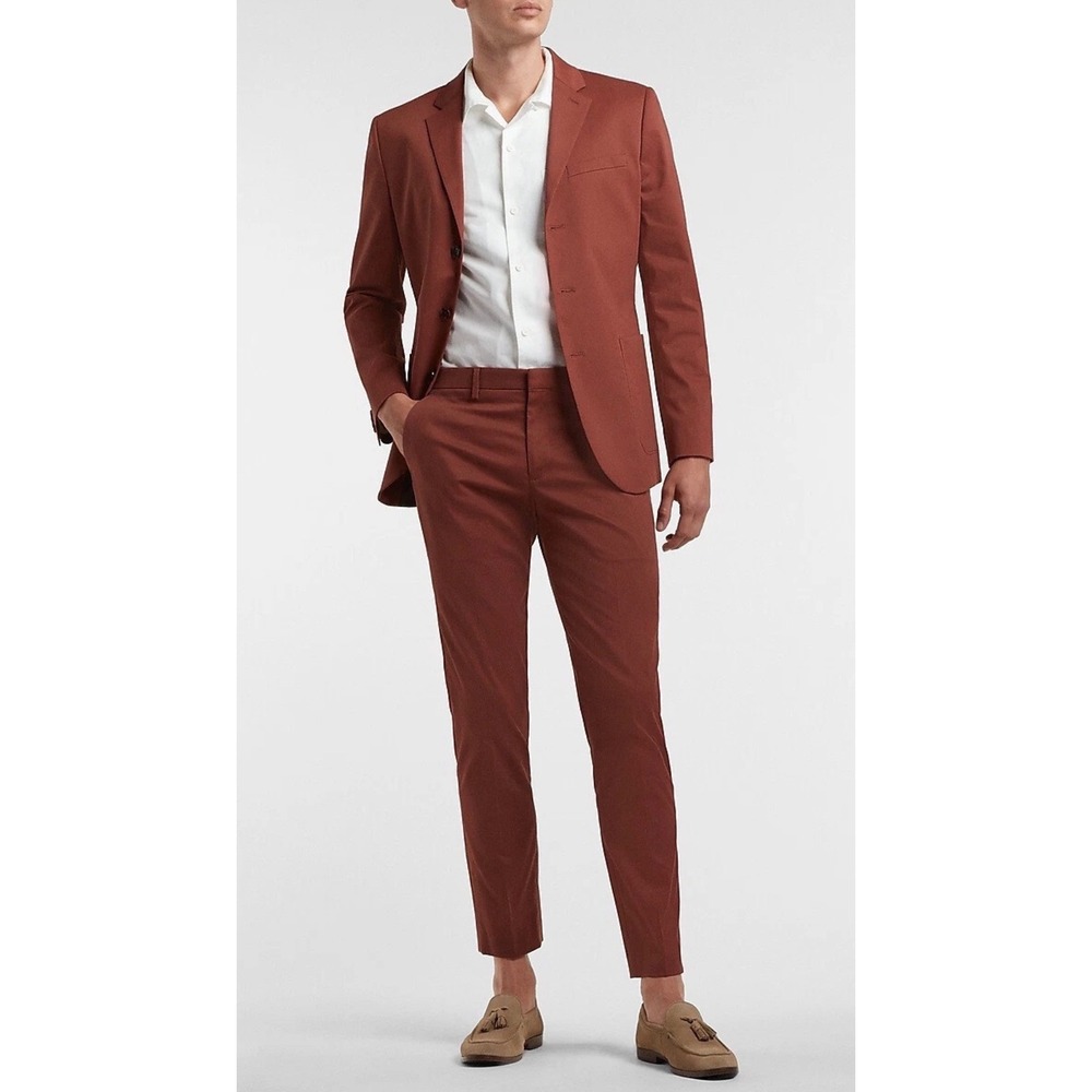 Express Men Slim Fit Suit 40R Blazer 31x32 Pants Rust Burgundy 2 Piece Set